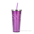 24 oz large double layers plastic drinking cup with straw glister plastic cup